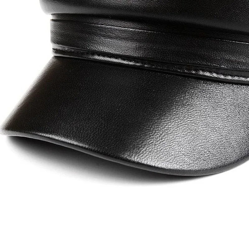 Cool unisex pu leather hat autumn sailor hat for women men cap black female travel student hat captain army flat top