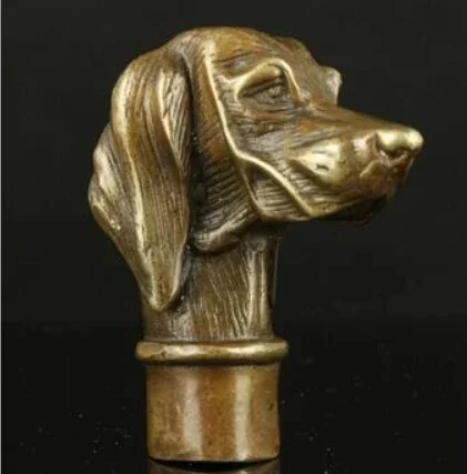 Pure Copper Brass old Grandpa Good Lucky Collectible Old Handwork Carving Vivid Dog Statues Cane Head Walking Stick