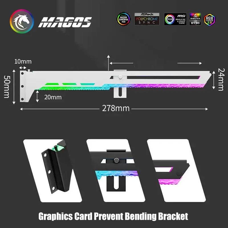 Graphics Card Prevent Bending Bracket ARGB 5V AURA, Diamond Patterned Luminescence Design Horizontal Holder, Black/White