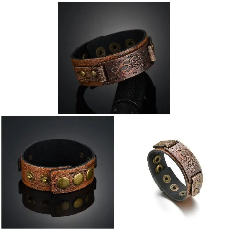 Men Roman Force Bracelet Vintage Wristband Cool Wide Decoration Charm Gifts Bronzed Retro Leather Snap Bangles Suitable Apparel