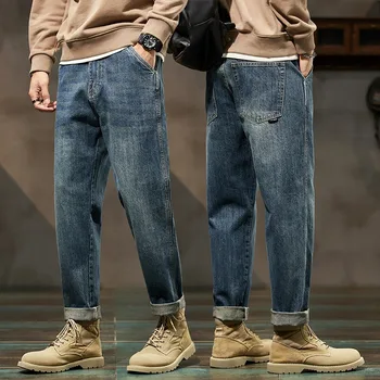 Men's Spring 2026 Loose Harem Pants Denim Retro Solid Comfortable Harajuku Straight Jeans Simple Fashion Versatile Cargo Trouser 2