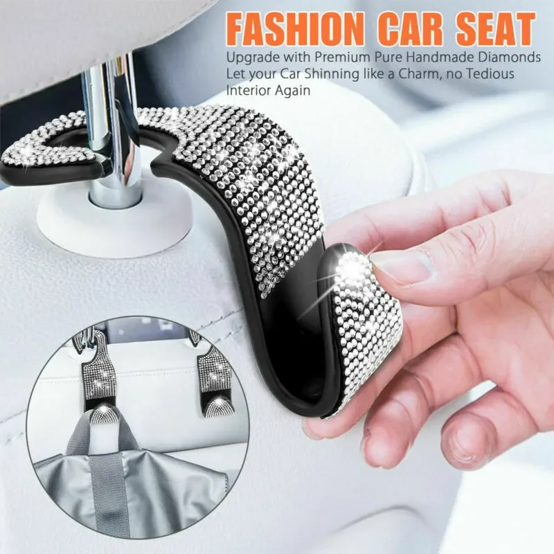 Car Seat Back Hook Rhinestone Car Seat Hook Hanger Auto Back Universal Headrest Mount Storage Holder Car Interior Accessories