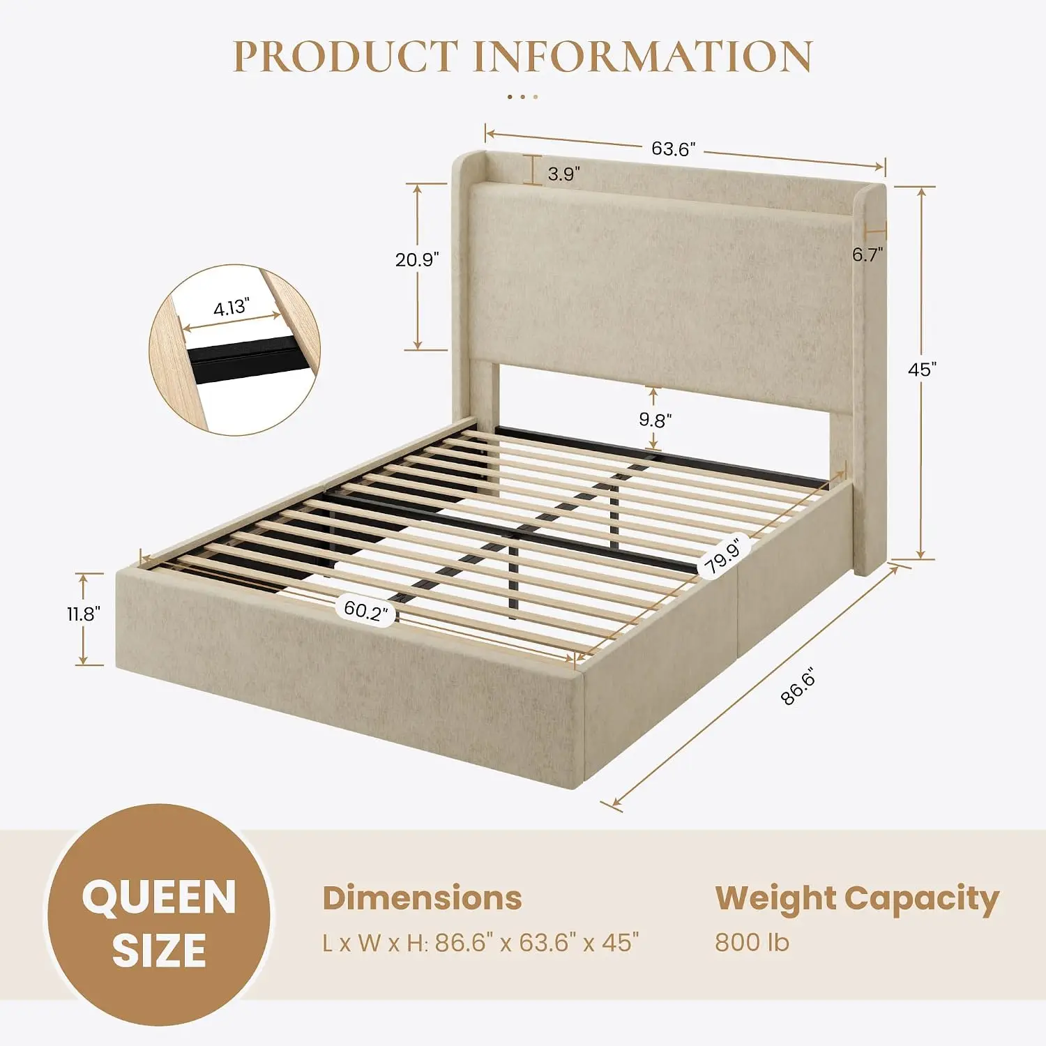 Queen Bed Frame with Chenille Storage Headboard and USB, Greige, Customized
