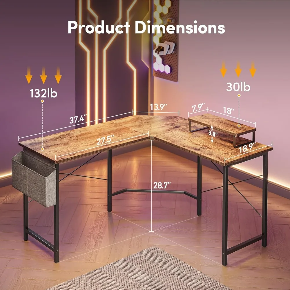 Bureau de jeu en forme de L, bureau d'angle pour ordinateur de 47.2 pouces avec étagère pour moniteur pour bureau à domicile, bureau d'étude, poste de travail d'écriture, marron rustique