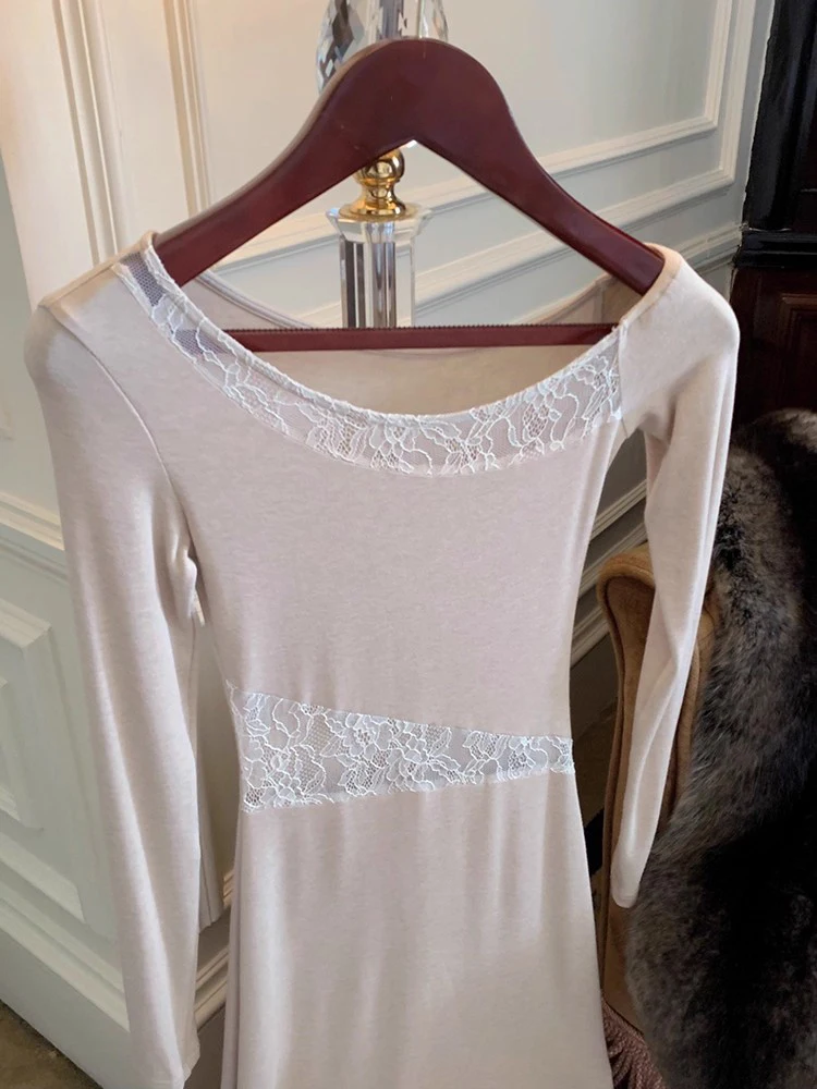 REDDACHiC épaule inclinée robe à manches longues femmes tricot épissure dentelle évider moulante drapé Maxi robe longue Sexy automne vêtements