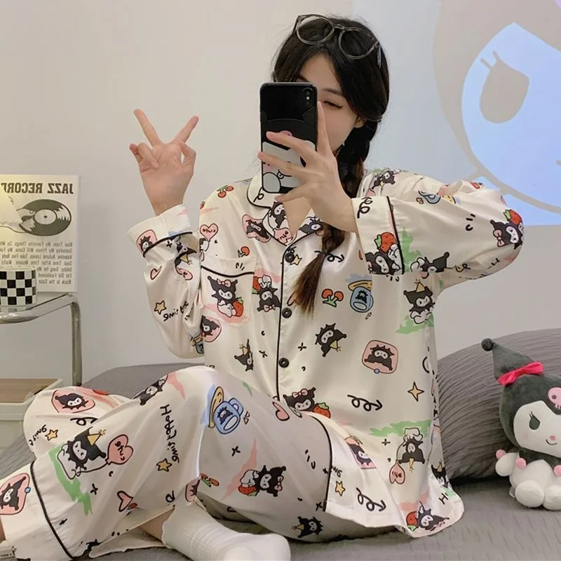 

Sanrio Kuromi Anime Ladies Pajamas Cartoon Print Lapel Long Sleeve Pants Two-piece Spring Autumn Can Go Out Comfortable Homewear