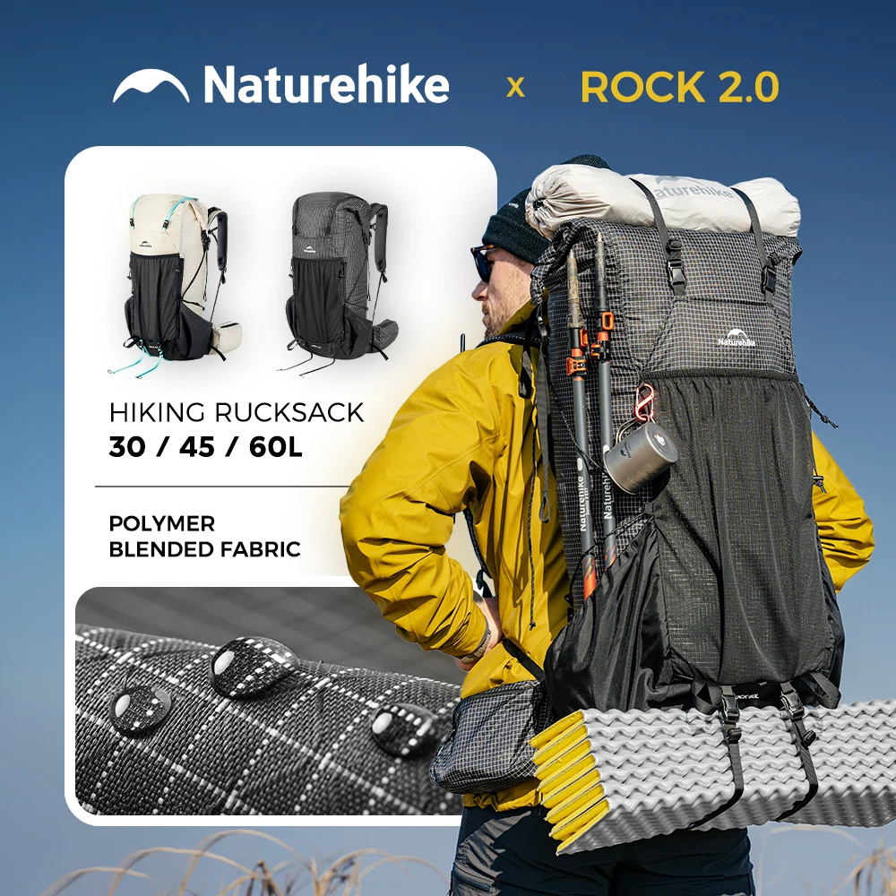 Mochila de Caminhada Naturehike Rock 2.0 30L/45L/60L, Mochila de Camping para Viagens ao Ar Livre, Bolsa de Ombro Especializada com Capa de Chuva