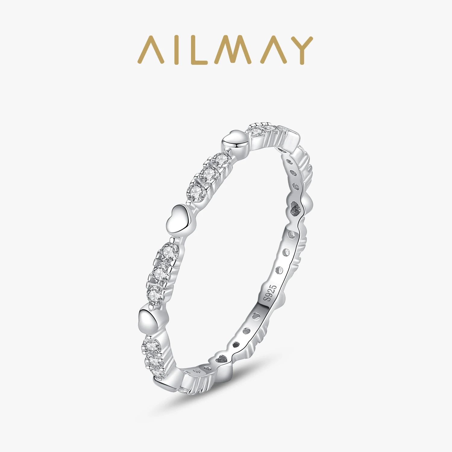 Ailmay New Sale 925 Sterling Silver Stackable Heart Clear CZ Finger Rings For Women Girls Anti-allergy Fine Jewelry Gifts