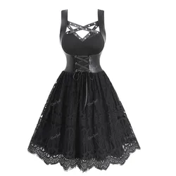 ROSEGAL Plus Size Gothic Corset Dress New PU Panel Crisscross Straps Grommet Floral Lace Layered Lace-up Party Dresses For Women