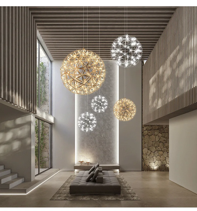 Kobuc Modern Loft Spark Ball LED Chandelier fixture Firework Ball Stainless Steel Pendant Lamp Store Shopping Mall Decor Light