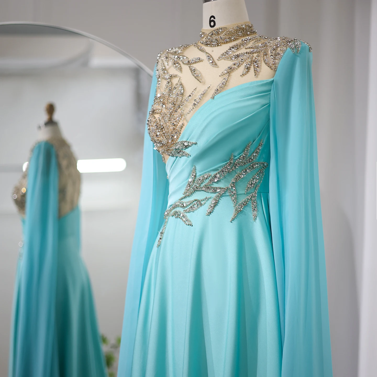 Sharon Said Luxury Crystal Turquoise Blue Evening Dresses with Cap Sleeves  High Neck Women Wedding Party Dress SF291 Customized - AliExpress 320