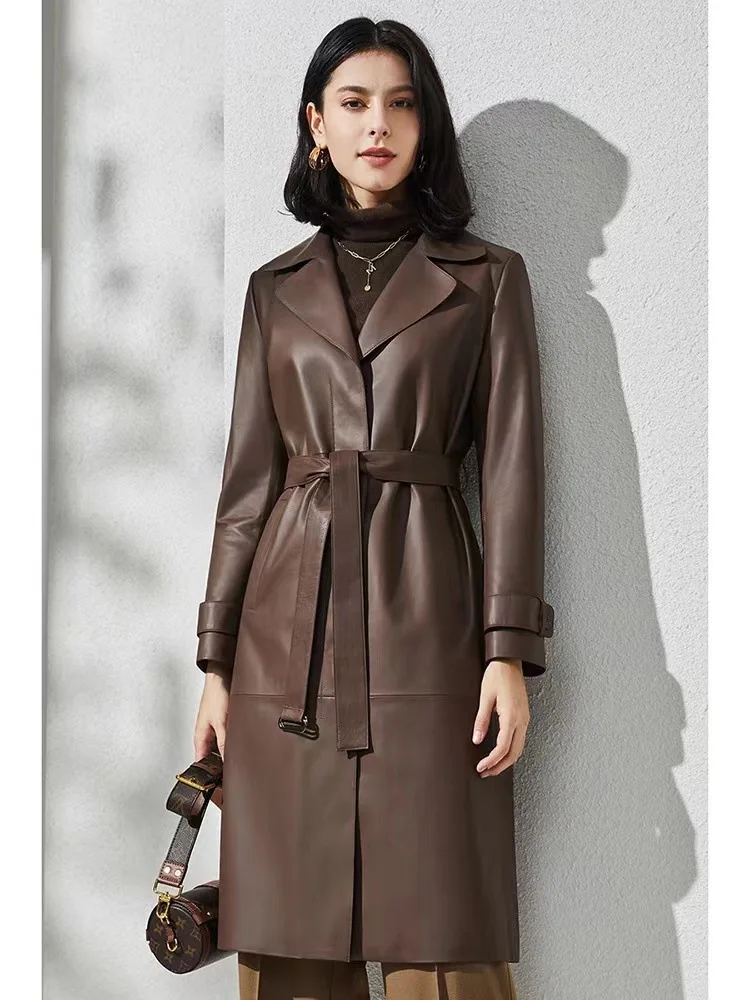 معطف نسائي أنيق غير رسمي متوسط الطول من جلد الغنم الطبيعي لربيع الخريف ملابس خارجية متعددة الاستخدامات