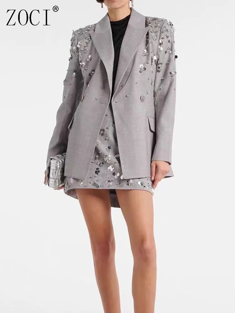 

ZOCI Women's Dress Suit Gray Heavy Duty Pearl Sequin Fashion Short Skirt Set Office Lady 2025 Spring New Item