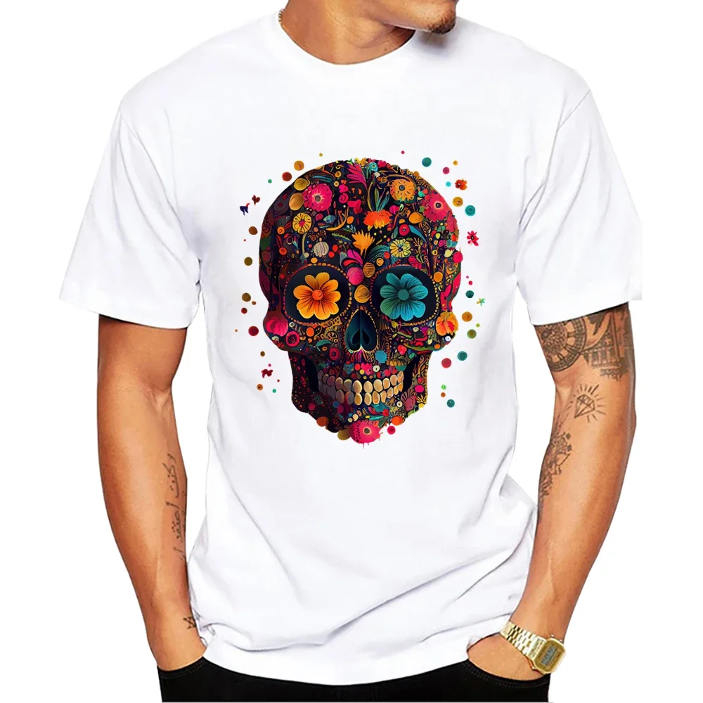 Men Clothing Vintage Streetwear Sugar Skull Print Men's T-Shirt TEEHUB O-Neck Short Sleeve Male Casual Halloween oversized funny