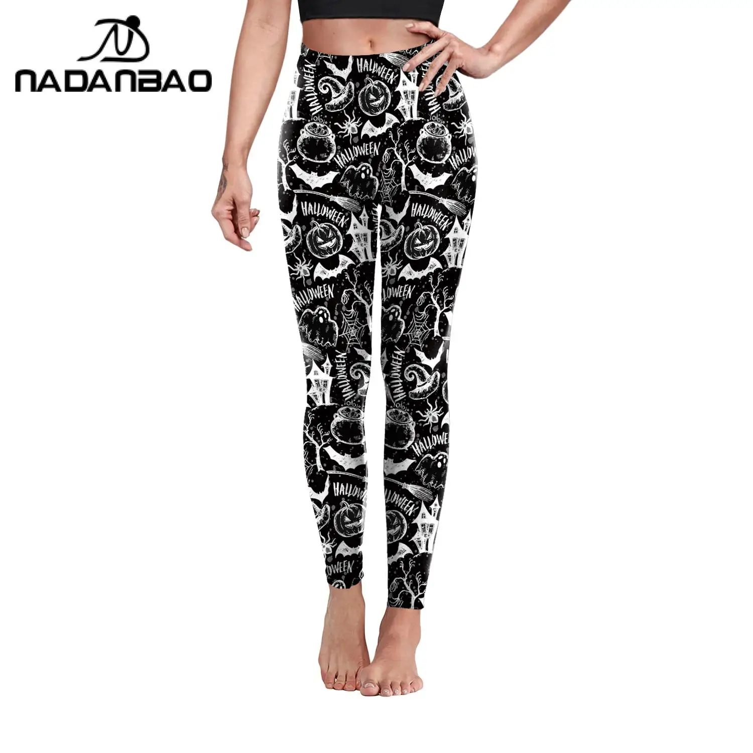 Nadanbao Nadanbao Halloween Pumpkin Elements 3D Print Women's Leggings Skinny Pants Sexy High Waist Trousers Winter Warm Pants