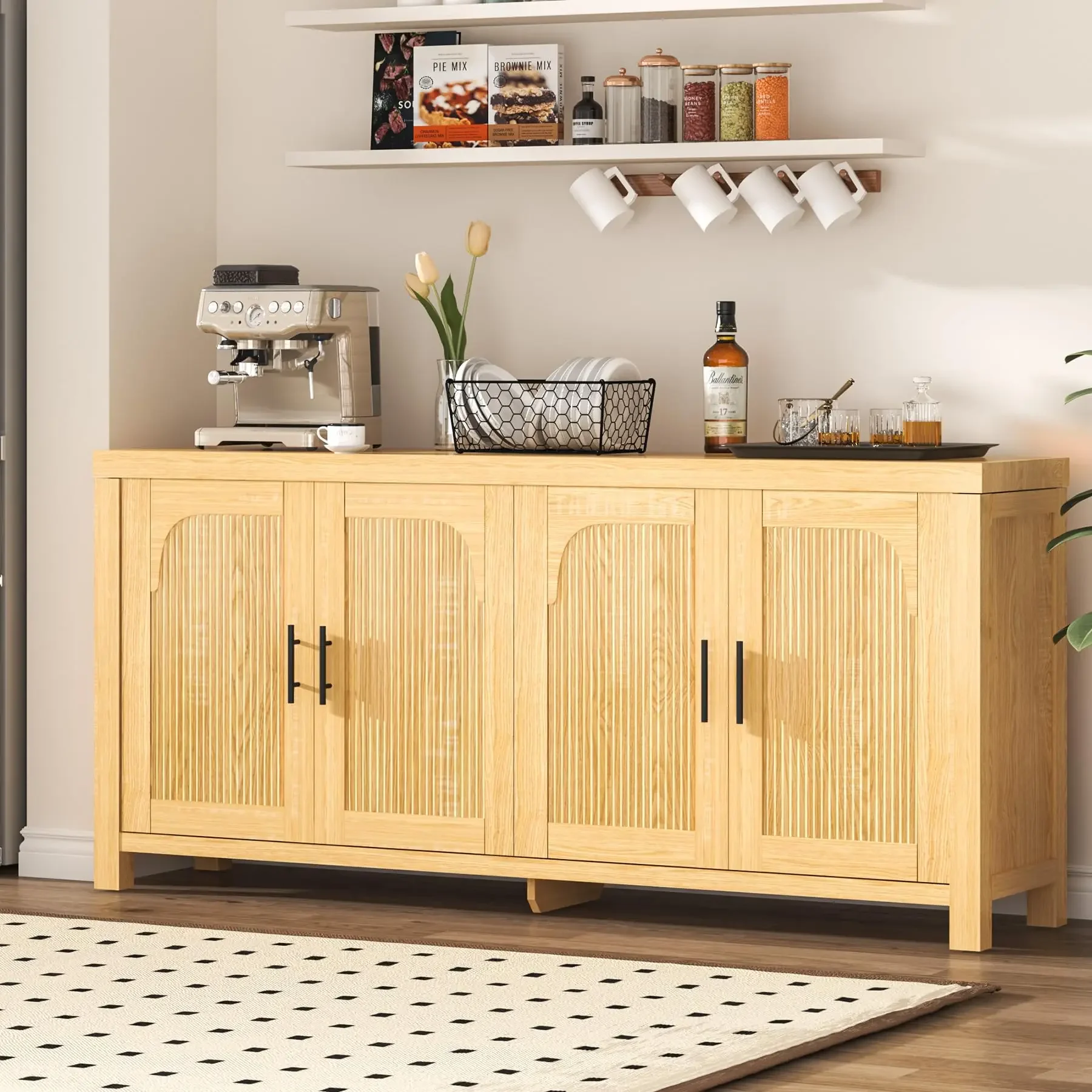 

71 Inch 4-Door Fluted Sideboard Buffet Cabinet With Adjustable Shelves Modern Farmhouse Light Oak Storage Credenza