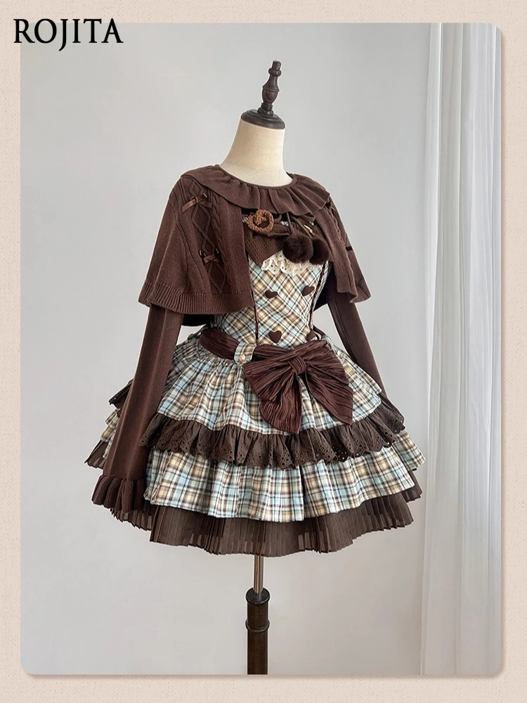 

Cute and Retro Mint Chocolate Sleeveless Cake Dress Lolita Series Autumn and Winter Sweater Cloak Two-piece Set