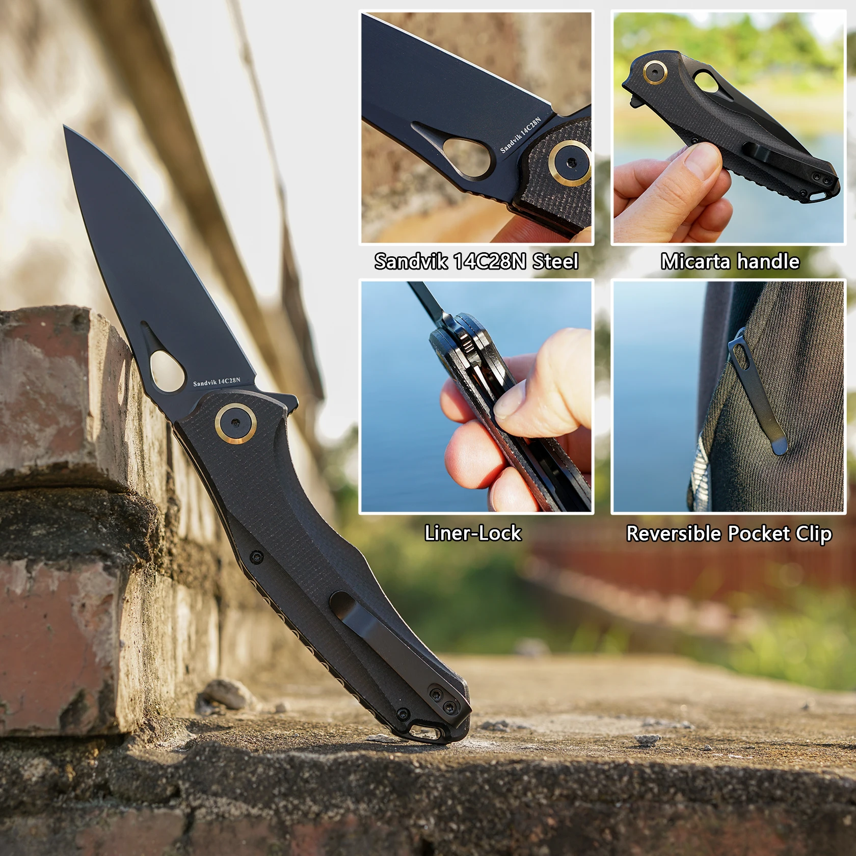 Practical Pocket knife made with14C28N Steel,Reversible Deep-carry Pocket Clip,Flipper. For Outdoor Camping and Gift, EDC Knife