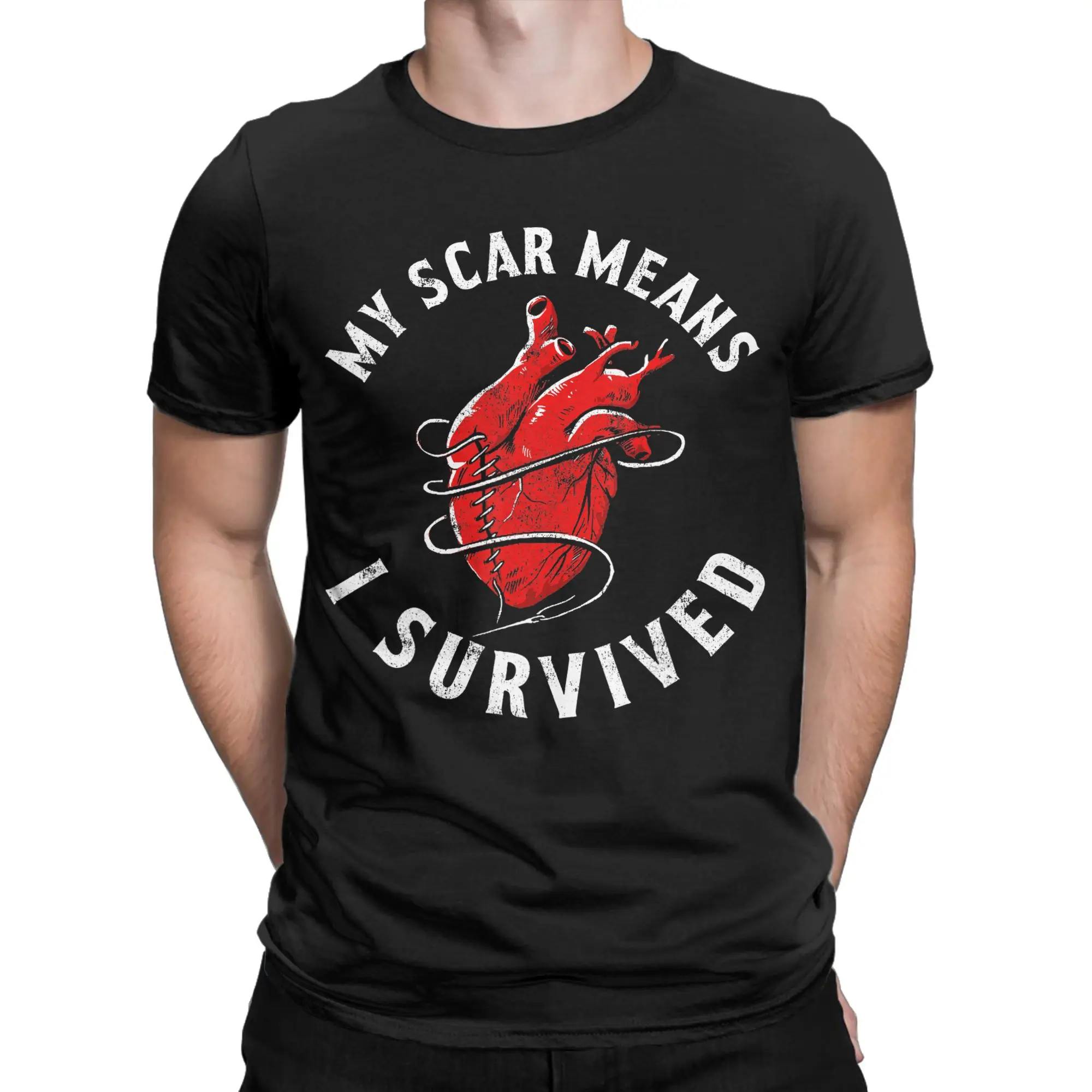 Vintage My Scar Means I Survived Heart  T-Shirt for Men Crewneck 100% Cotton T Shirts  Short Sleeve Tees 4XL 5XL 6XL Tops