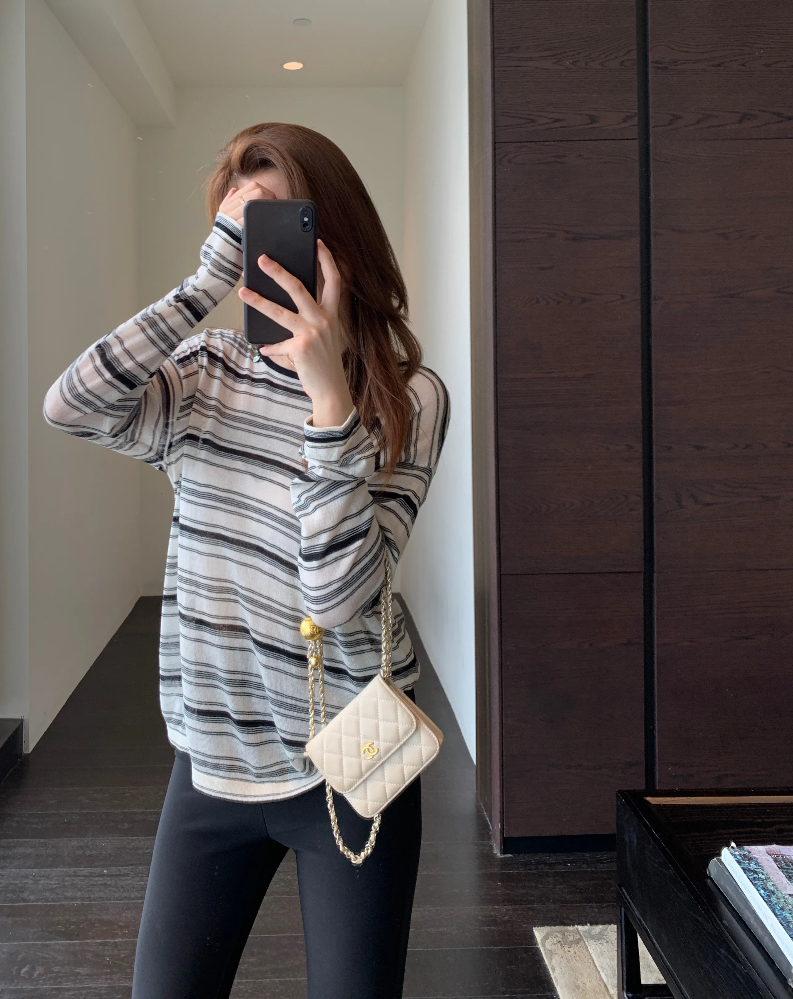 Fashionable Back-Tied Striped Knit Top Loose Slimming Design Casual Style Long Sleeve round Neck Pullover Women's T-Shirt