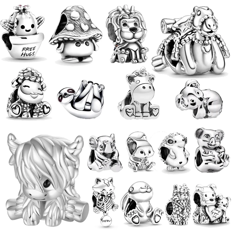 New Lion Squirrel Highland Cow Camel Hanging Sloth Charm Beads Fit Original European 925 Silver Bracelet DIY Women Jewelry Gifts