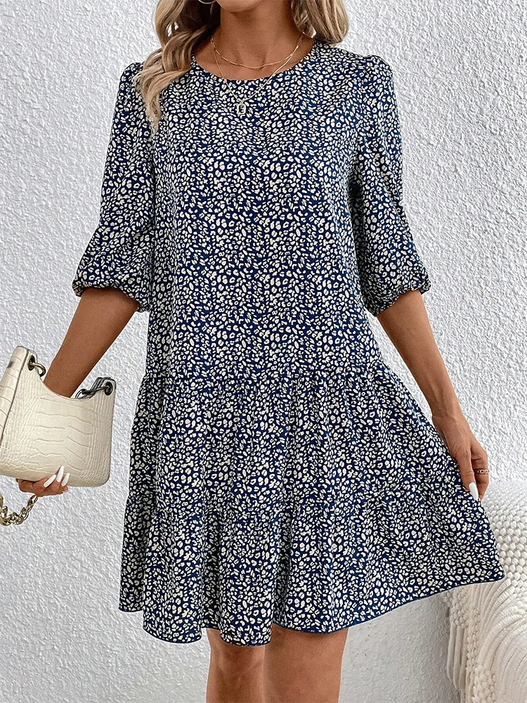 

Summer Floral Women's Dress Fashion Round Neck Half Sleeve Loose Casual Holiday Party Dress Elegant Women Office Vest New Style