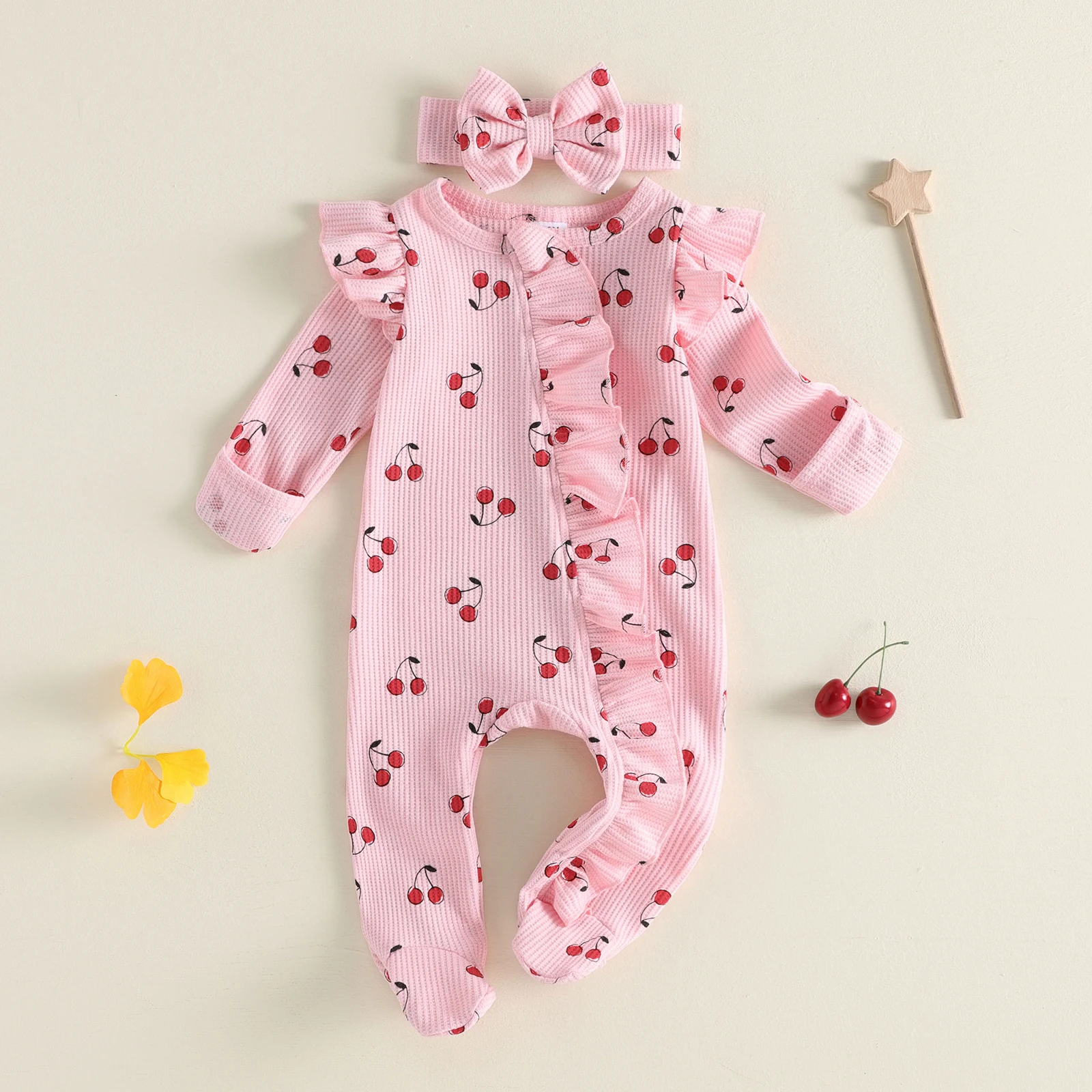 Sweet Baby Girls Fall Footed Romper Cherry Print Long Sleeve Ruffled Jumpsuits Outwear