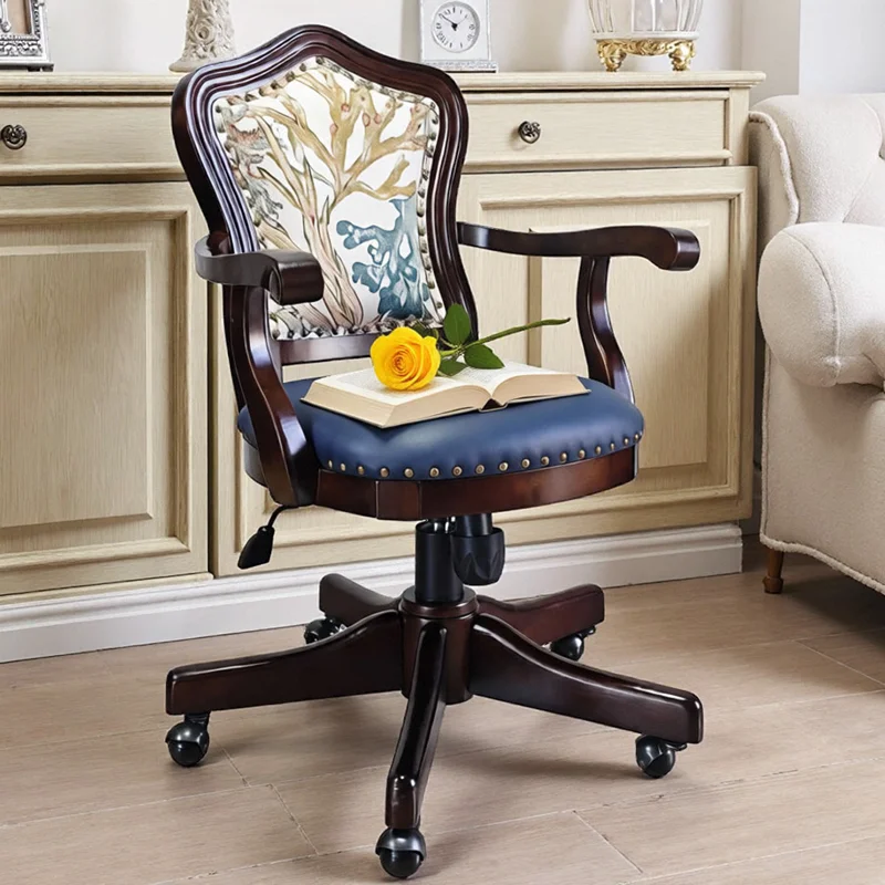American solid wood computer chair household wheeled office chair rotating lifting desk chair learning desk char leather