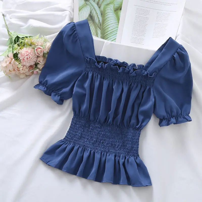 

2025 Summer New Design Style Short Puff Sleeve Chiffon Shirt Thin White Shirt Women's Short-sleeved Square Collar Top