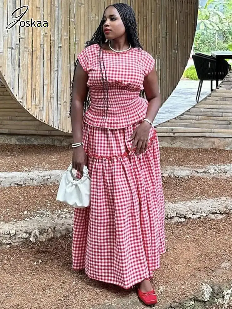 

Joskaa 2025 Women's Plaid Print 2 Piece Set Sexy Ruffles Short Sleeve T-Shirt Tops and Long Skirt Matching Vacation Streetwear