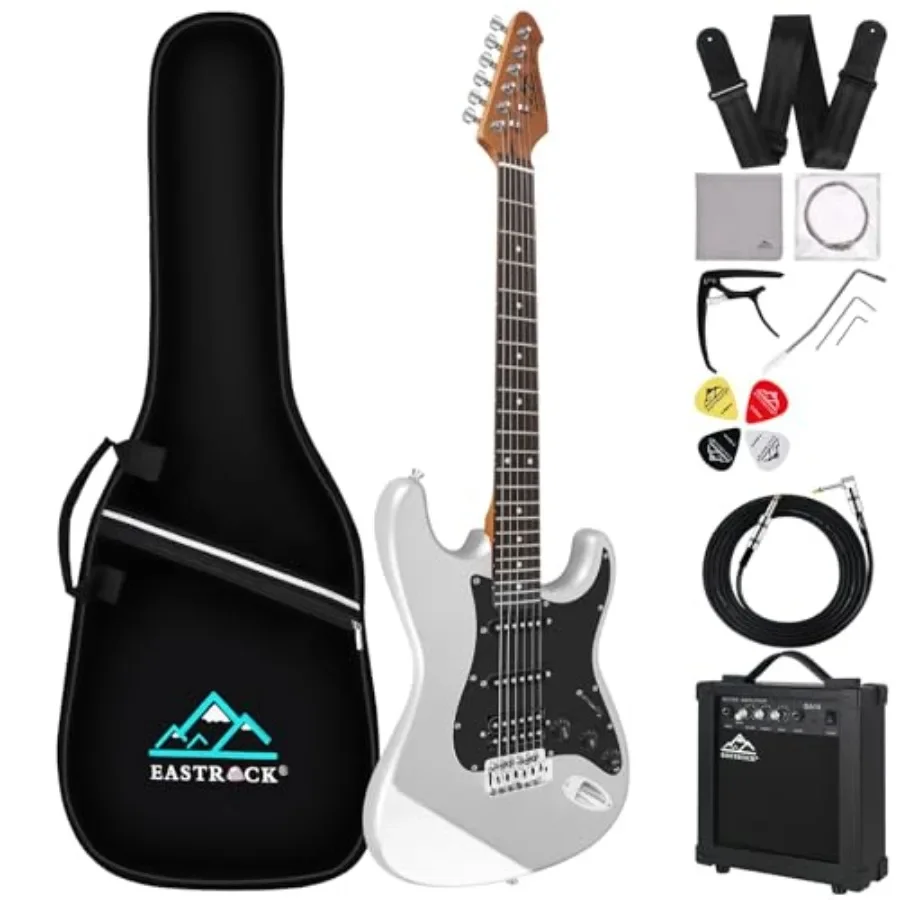 

39 inch Full-Size Electric Guitar Kit for Beginner: Silver Gray Metallic Finish, Includes Bag Capo Strap Strings Cable Picks
