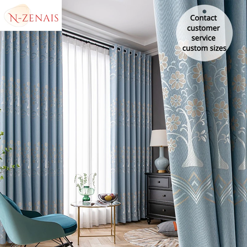 

Custom Size 80% Blackout European Embroidery Luxury Blue Curtains for Living Room Bedroom Dining Window Decor Slub Cotton Tree