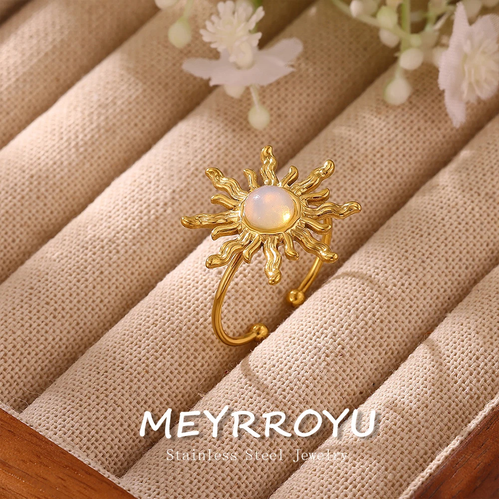 MEYRROYU Stainless Steel Golden Luxury  SunFlower Inlay Moonlight Stone Ring for Women Adjustable Open‑Ring Fashion Jewelry Gift