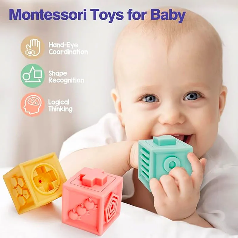 Miękkie klocki dla niemowląt, edukacyjne klocki do ściskania, klocki do układania, zabawki dla dzieci, zabawki do kąpieli dla niemowląt, zabawki Montessori dla maluchów