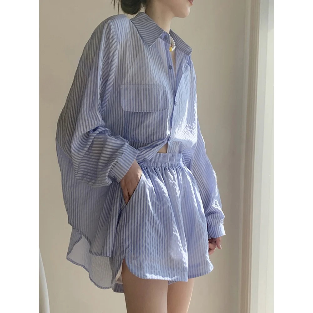 Women's Summer Thin Sunscreen Shirts Crop Sling Tops Short Pants 3 Piece Set Lady Casual Stripe Polo Blouse Vest Trousers Outfit