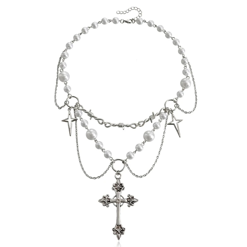 Gothic Cross Rosary Necklace Handmade Pearl Beaded Necklace Punk Layered Necklace Fashion Jewelry Gift for Women Girls