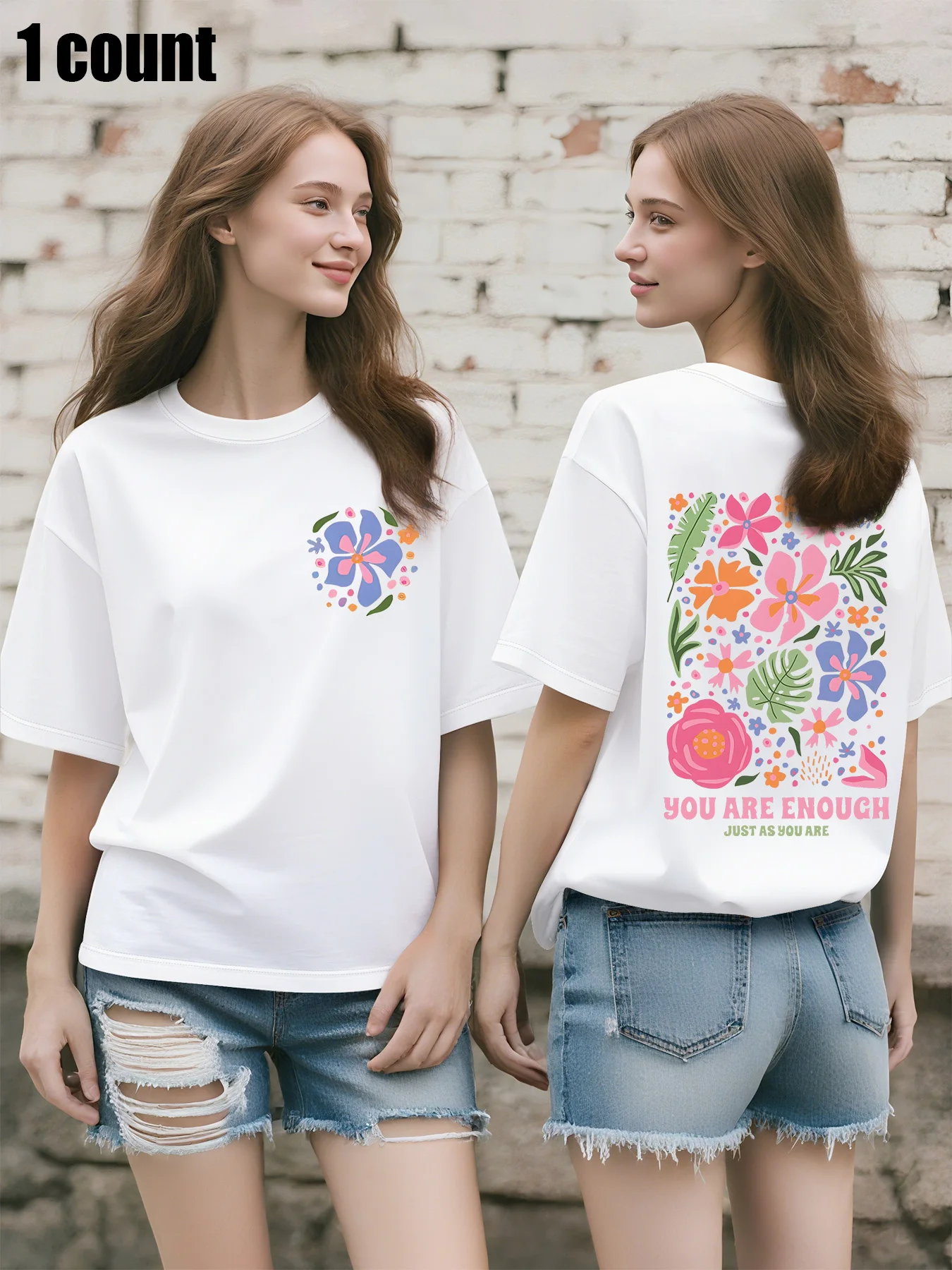 Plus Size Women's Oversized T - Shirt, Front Floral Pocket & Back "YOU ARE ENOUGH" Print, Boho Graphic Tee, Short - Sleeve Top