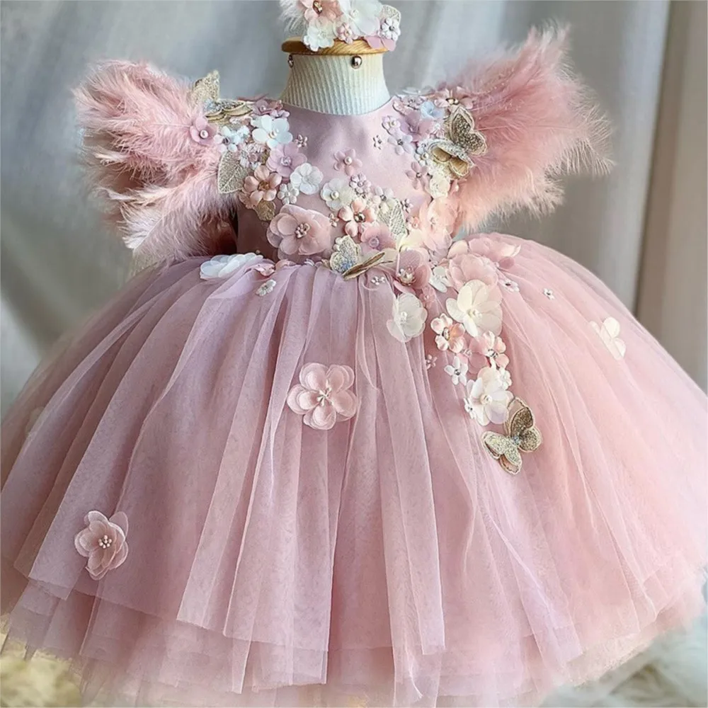 Children's Feather Lolita Girls' Party Lolita flower Wedding Fluffy Gauze pink formal dress