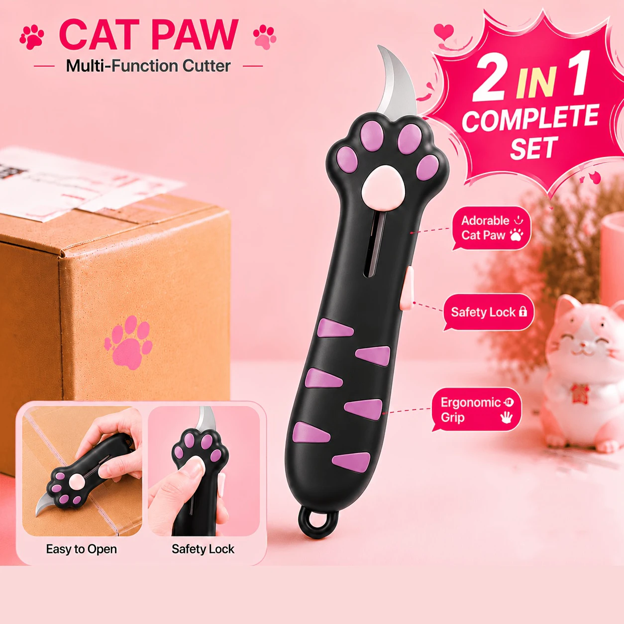 Retractable Cute Cat Paw Multi-Function Utility Knife, Portable and Safe Unboxing Tool, Office and Home Paper Cutting Gadget ﻿