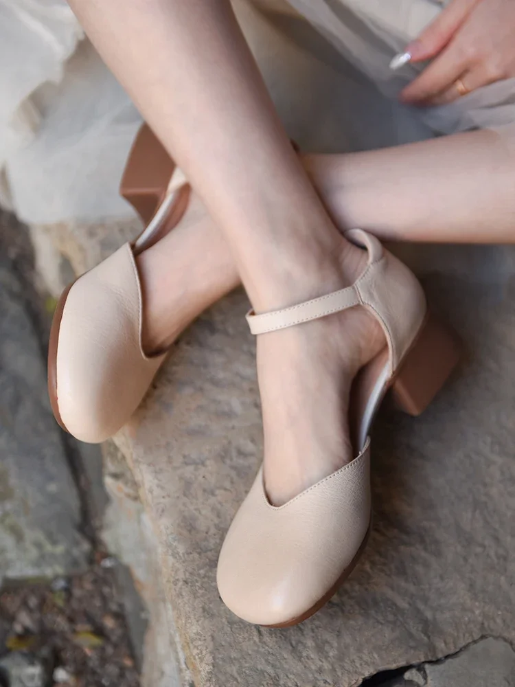 Artmu Genuine Leather Thick Heel Closed Toe Sandals For Women Luxury Elegant Pumps 4.5cm High Heel Shoes Buckle Ladies Shoes