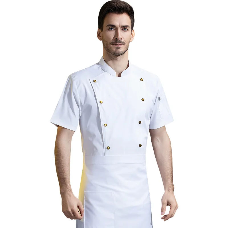 Uniforme da chef per chef di hotel di fascia alta, doppia fila, fibbia in ottone, manica corta, ristorante, chef esecutivo, vestiti da cucina, uniforme da uomo