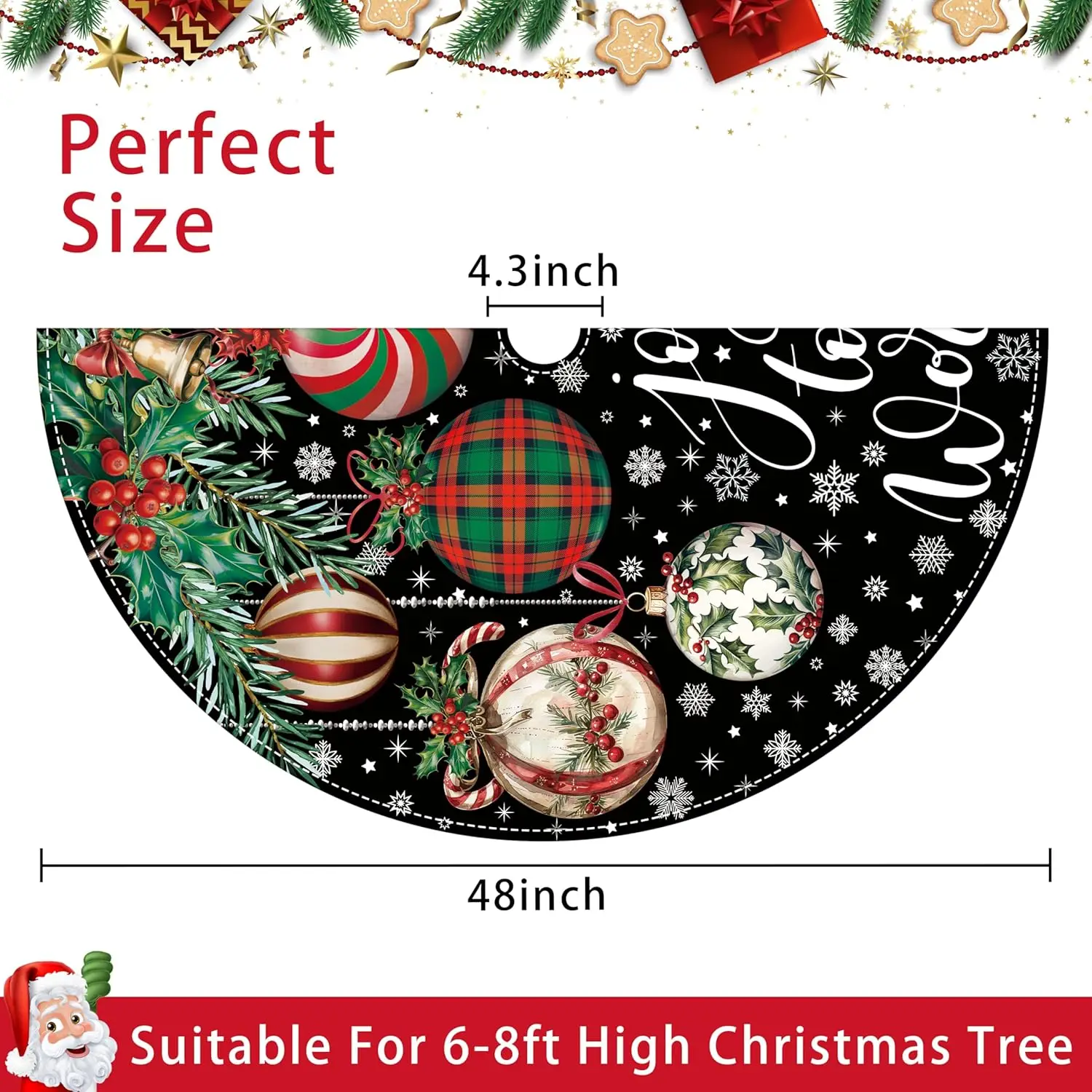 Christmas Tree Skirt 48 inch Christmas Ball Snowflake Black Xmas Tree Skirts Holiday Party Tree Mat Rustic Christmas Decorations