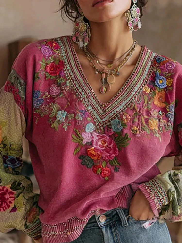 

New Casual Long Sleeve Printed Pullover Tops, Women Spring Autumn V Neck Simple Blouses, 2025 Patchwork Loose Chic Ladies Shirts