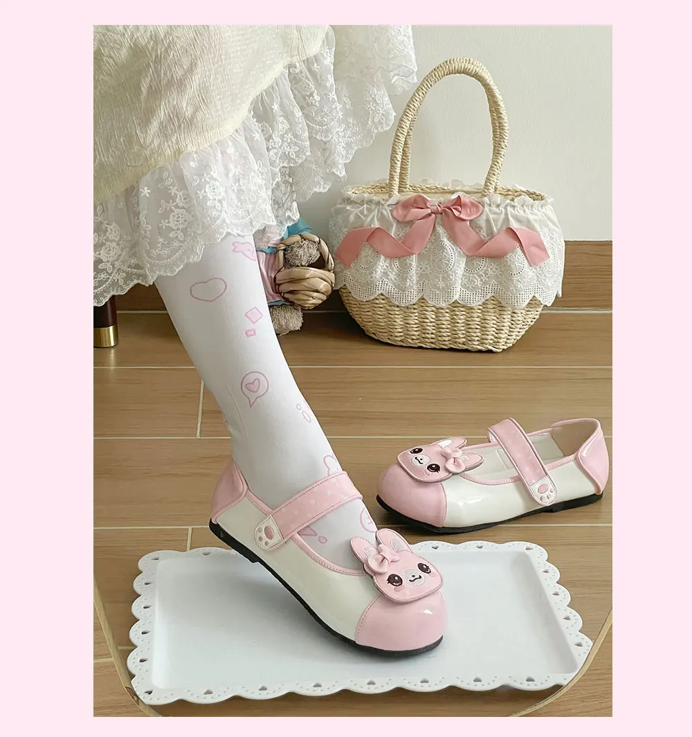 2025 春と秋の日本オリジナルベルクロピンクブルーガールフラットヒールシングルシューズかわいい甘いロリータ丸頭女性のパンプス