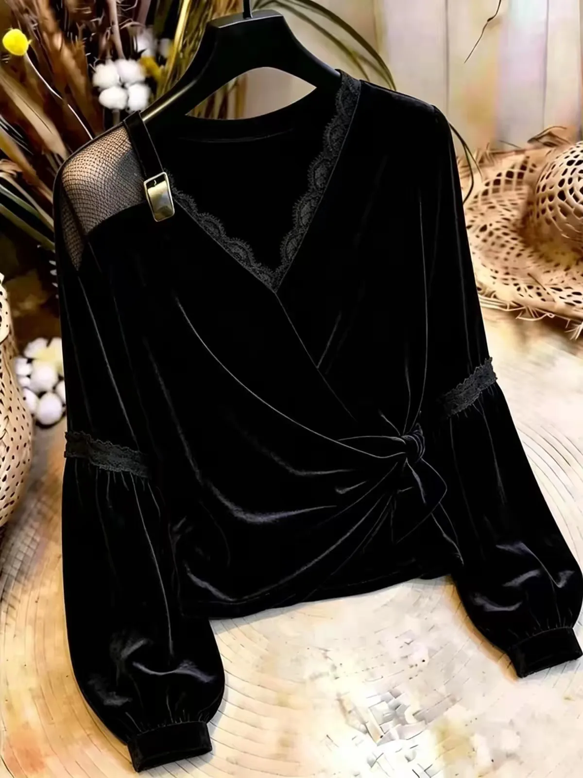 Velvet Lace V-Neck Cross Knot Women's Top Single Side Mesh Shoulder Slimming Long Sleeve Autumn Fashion Casual Loose Fit