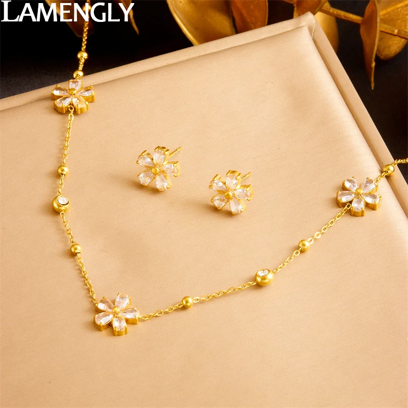 LAMENGLY 316L Stainless Steel White Rhinestone Flower Pendant Necklace Earrings For Women Girl Light Luxury Jewelry Set Gifts