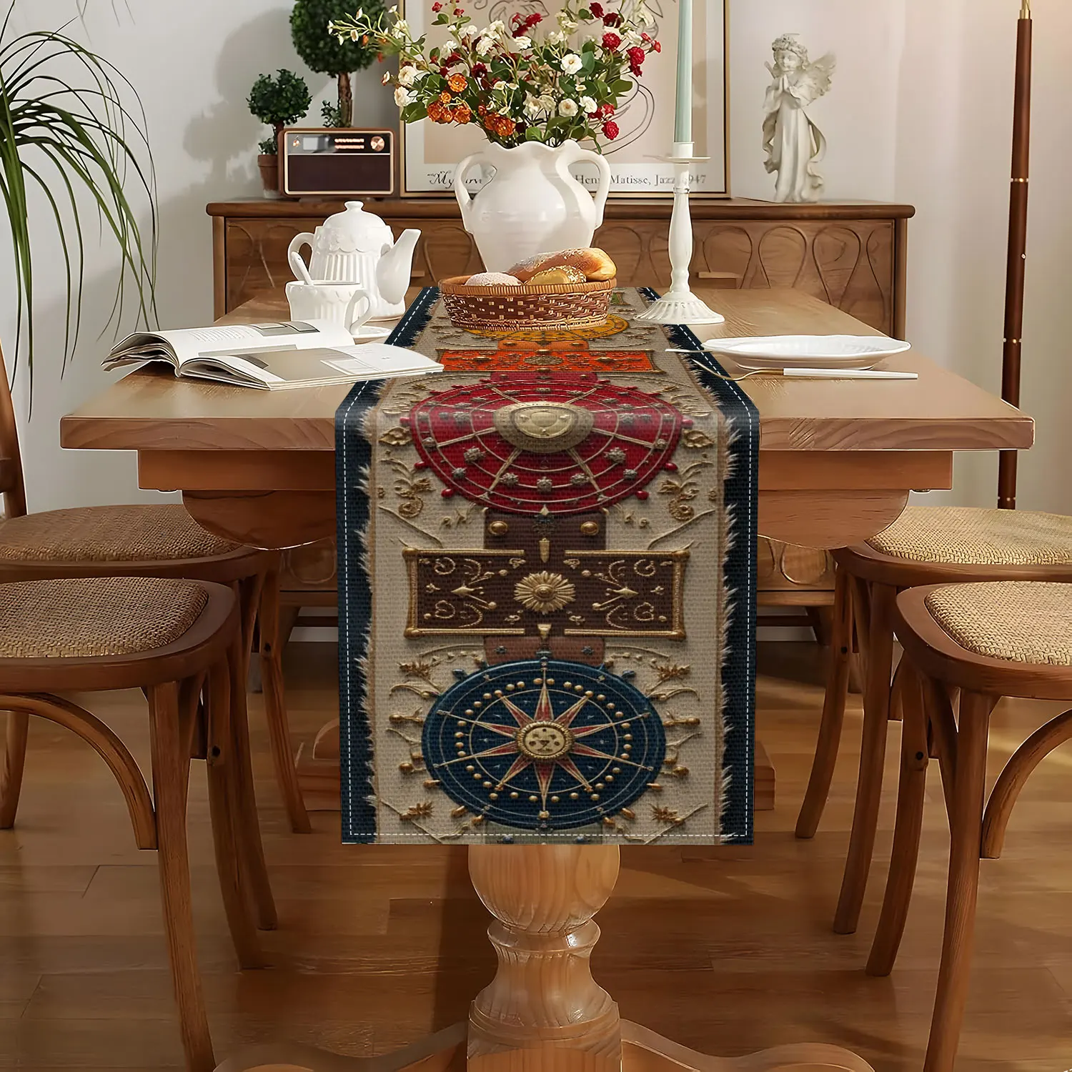 1 Vintage Mechanical-Style Compass Table Runner with a Creamy White Background Adorned with Colorful Three-Dimensional Gears and Compass Patterns, Suitable for Steampunk-Themed Restaurants, Vintage Mechanical Exhibitions, Creative Studios, Industrial-Style Homes, Board Game Gatherings, Unique Gifts, Art Salons, and Folk Cultural Event Settings