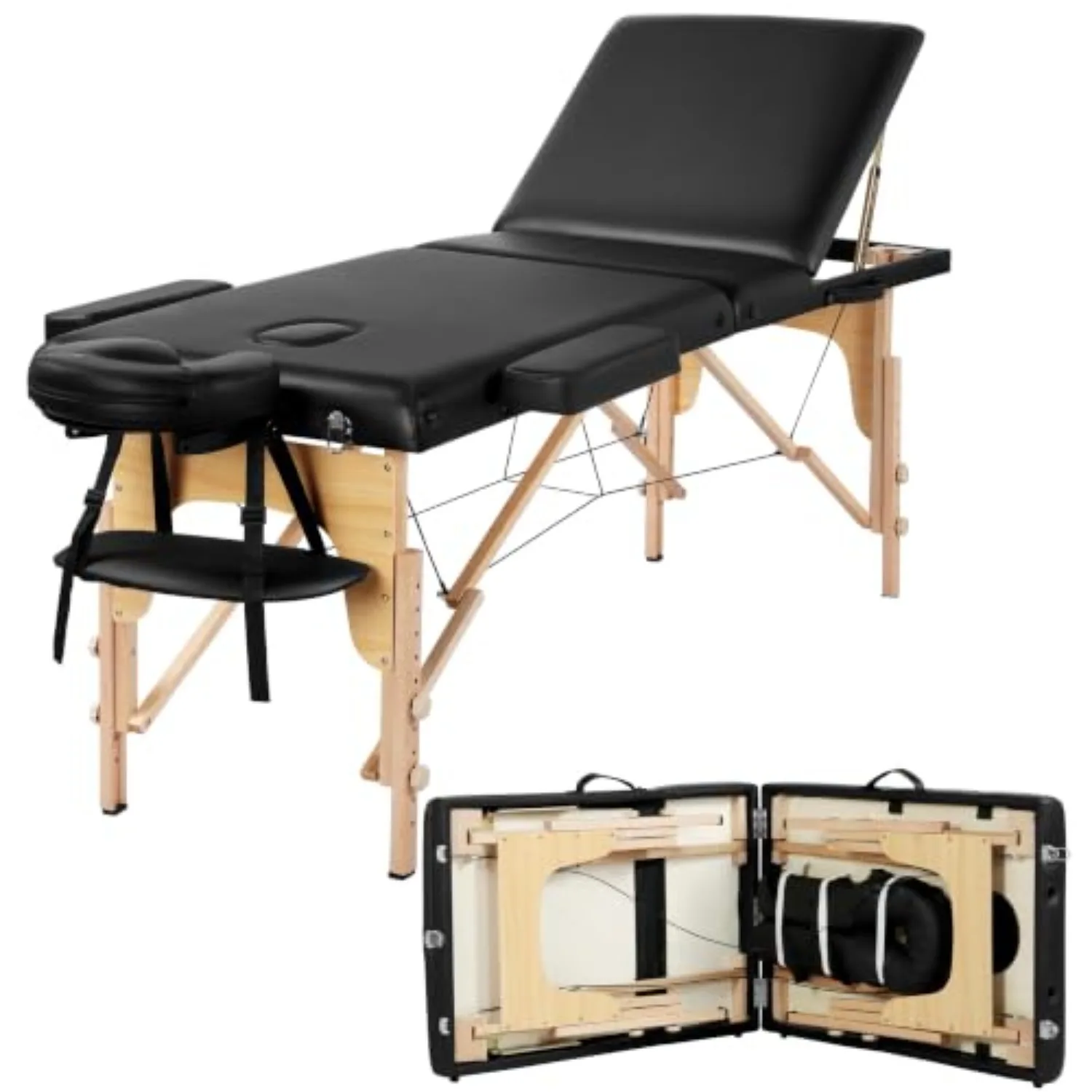 Massage Table Portable Folding Lash Esthetician Tattoo Bed, Black | Heavy-duty beech wood frame, 3-fold foam-padded PVC