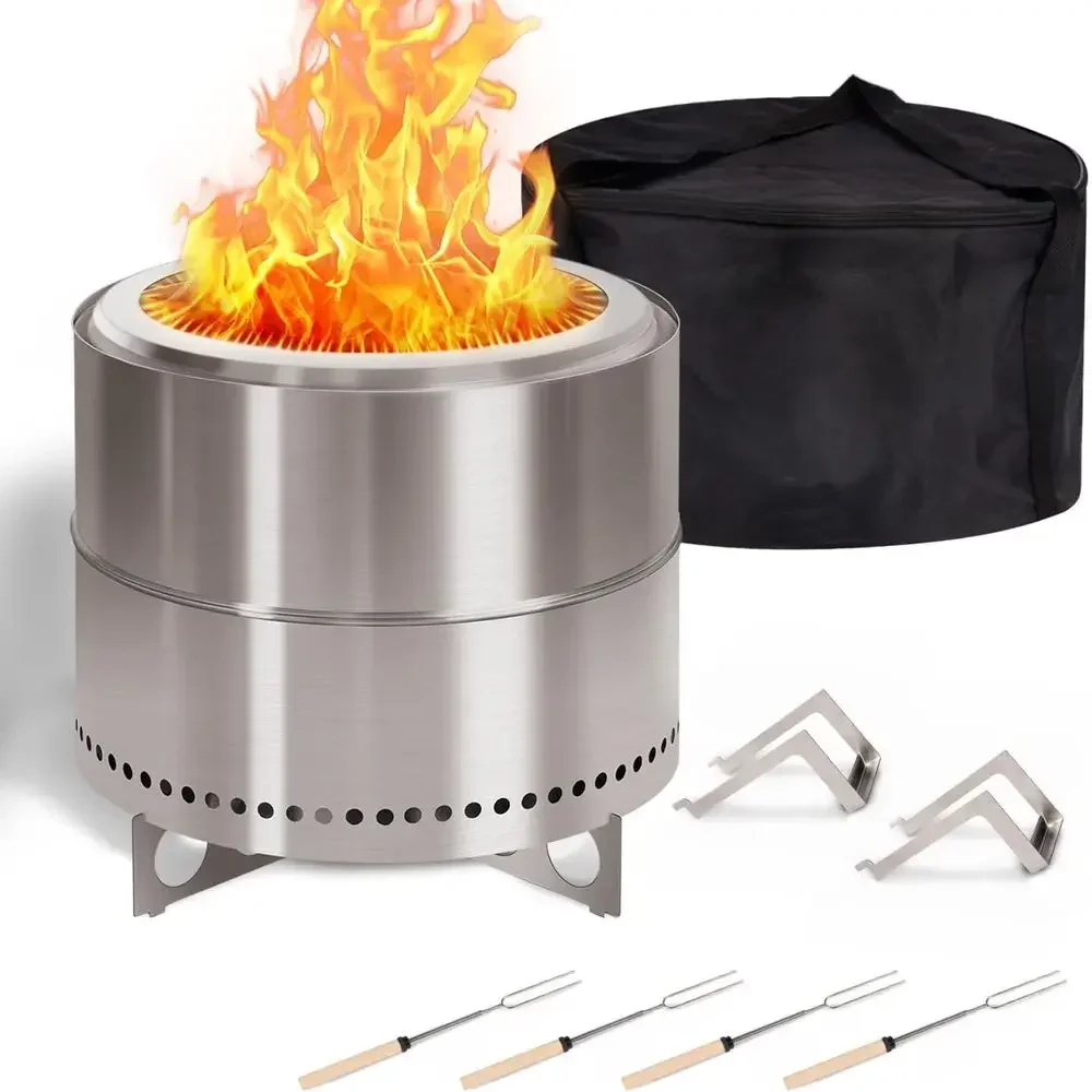 Portable 19 Outdoor Wood Burning Fire Pit with Stainless Steel Construction and Carrying Bag