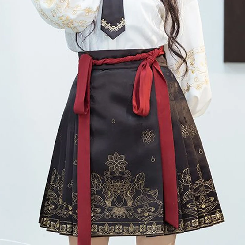 2023 Spring Summer New Fashion Printing High Waist Strap A-line Skirt Women High Street Chinese Style Loose Casual Pleated Skirt